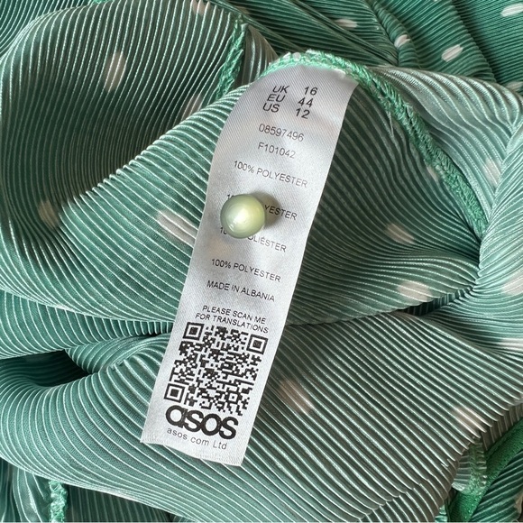 ASOS DESIGN Plisse Tie Front Jumpsuit in Green White Polka Dot Wide Leg Size 12P - Picture 9 of 10